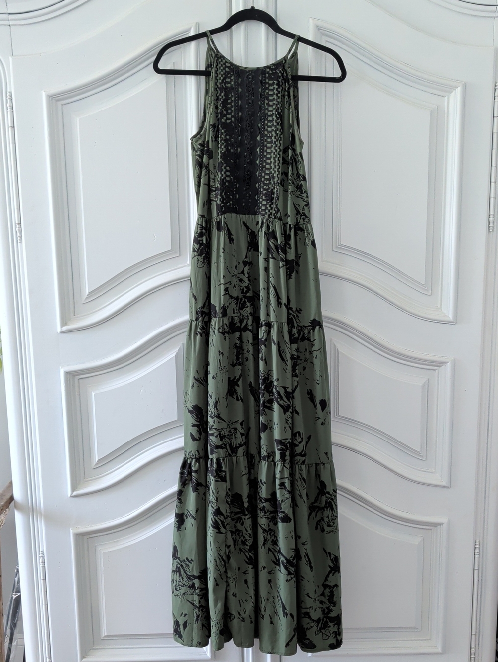 Anthropologie Ranna Gill Olive Maxi Dress with Black Botanical Print